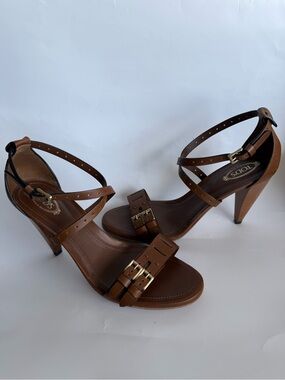 Tod's Brown Leather Strappy High Heel Sandals with Gold Buckles in size 39.5
